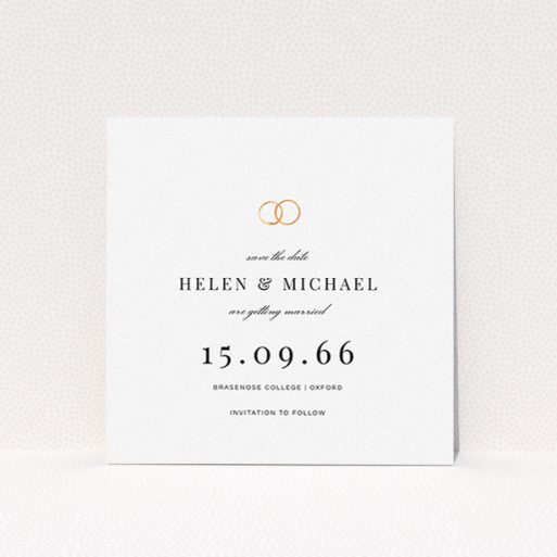 A wedding save the date card design titled "The newlyweds". It is a square (148mm x 148mm) card in a square orientation. "The newlyweds" is available as a flat card, with tones of white and gold.