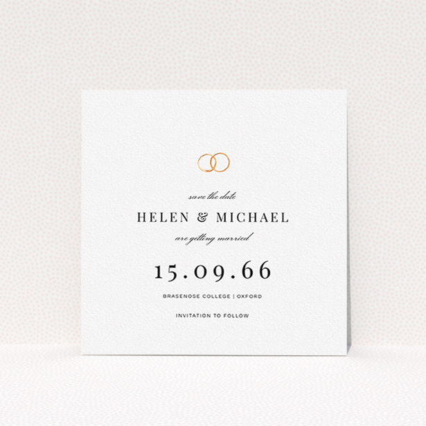 A wedding save the date card design titled "The newlyweds". It is a square (148mm x 148mm) card in a square orientation. "The newlyweds" is available as a flat card, with tones of white and gold.