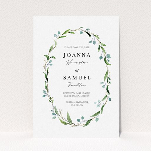 A wedding save the date card design named "Thin Watercolour Wreath". It is an A5 card in a portrait orientation. "Thin Watercolour Wreath" is available as a flat card, with tones of blue and green.