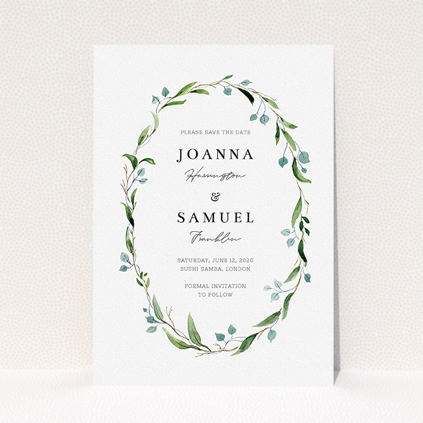 A wedding save the date card design named "Thin Watercolour Wreath". It is an A5 card in a portrait orientation. "Thin Watercolour Wreath" is available as a flat card, with tones of blue and green.