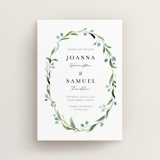 Wedding Save The Date Card Design - "Thin Watercolour Wreath" A wedding save the date card design titled "Thin Watercolour Wreath". It is an A6 card in a portrait orientation. "Thin Watercolour Wreath" is available as a flat card, with tones of blue and green.