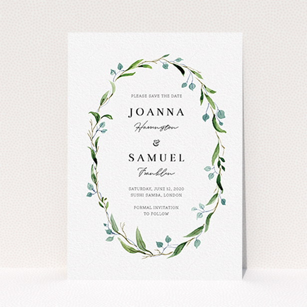 A wedding save the date card design titled "Thin Watercolour Wreath". It is an A6 card in a portrait orientation. "Thin Watercolour Wreath" is available as a flat card, with tones of blue and green.