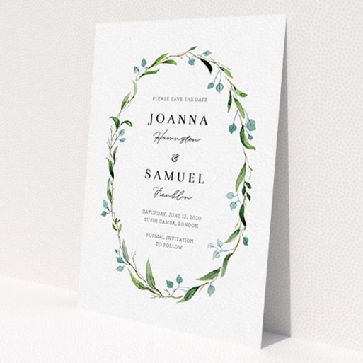 A wedding save the date card design titled 'Thin Watercolour Wreath'. It is an A6 card in a portrait orientation. 'Thin Watercolour Wreath' is available as a flat card, with tones of blue and green.