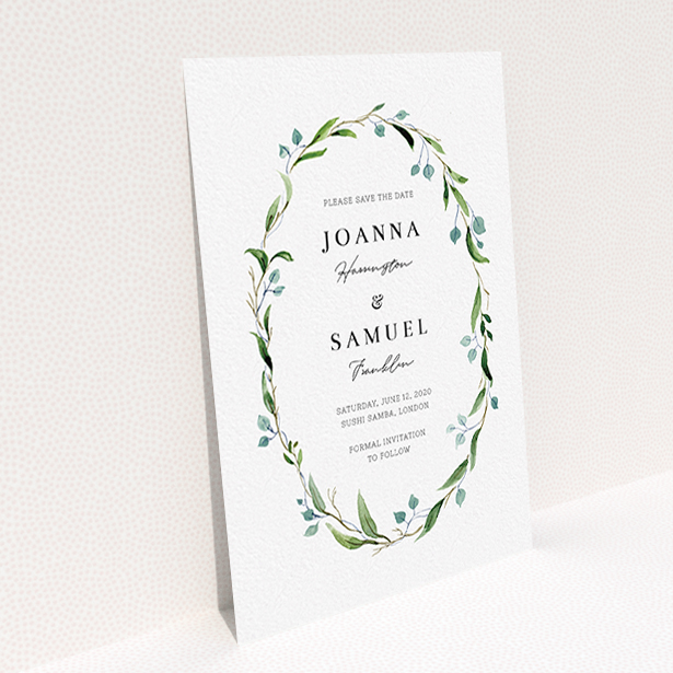 A wedding save the date card design titled "Thin Watercolour Wreath". It is an A6 card in a portrait orientation. "Thin Watercolour Wreath" is available as a flat card, with tones of blue and green.
