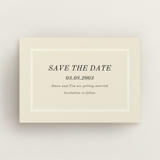A wedding save the date card design named "Three line border". It is an A6 card in a landscape orientation. "Three line border" is available as a flat card, with mainly dark cream colouring.