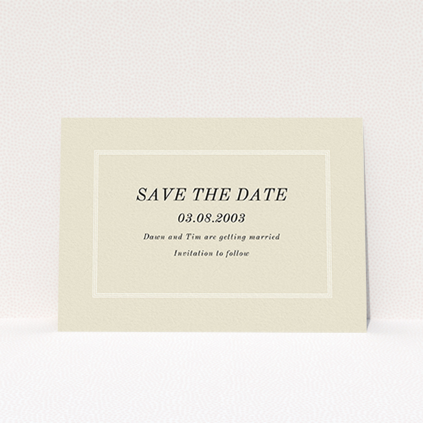 A wedding save the date card design named "Three line border". It is an A6 card in a landscape orientation. "Three line border" is available as a flat card, with mainly dark cream colouring.