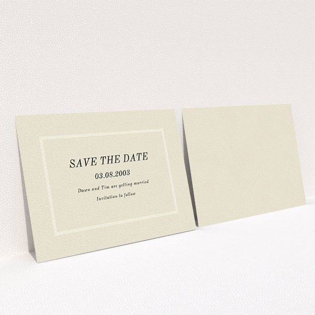 A wedding save the date card design named "Three line border". It is an A6 card in a landscape orientation. "Three line border" is available as a flat card, with mainly dark cream colouring.