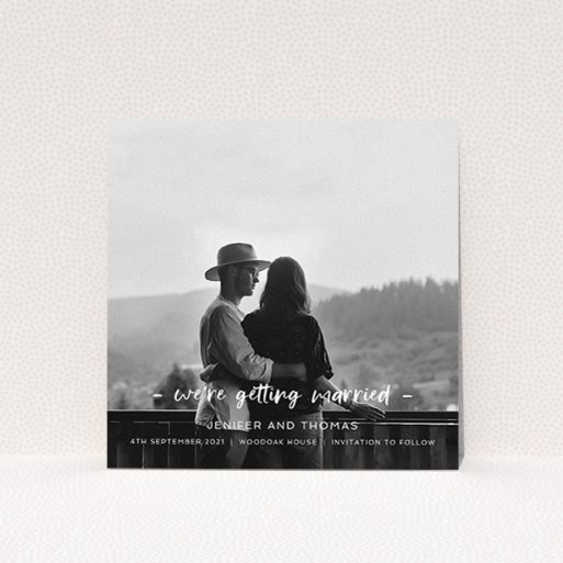 A wedding save the date card named "To the Point". It is a square (148mm x 148mm) card in a square orientation. It is a photographic wedding save the date card with room for 1 photo. "To the Point" is available as a flat card, with mainly white colouring.