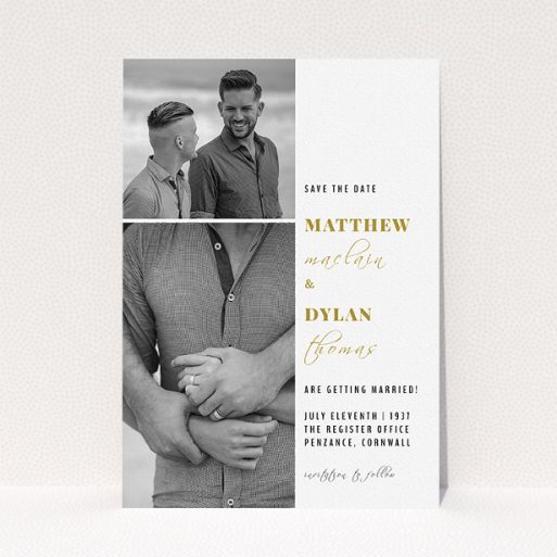 A wedding save the date card called "Together again". It is an A5 card in a portrait orientation. It is a photographic wedding save the date card with room for 2 photos. "Together again" is available as a flat card, with tones of white and gold.