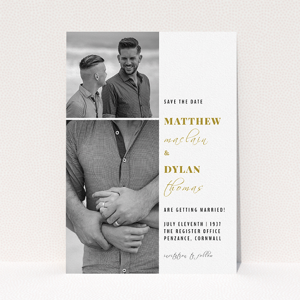 A wedding save the date card called "Together again". It is an A5 card in a portrait orientation. It is a photographic wedding save the date card with room for 2 photos. "Together again" is available as a flat card, with tones of white and gold.