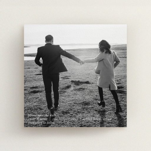 A wedding save the date card design titled "Tradition with Photo". It is a square (148mm x 148mm) card in a square orientation. It is a photographic wedding save the date card with room for 1 photo. "Tradition with Photo" is available as a flat card, with mainly white colouring.