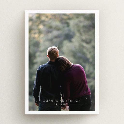 A wedding save the date card called "Tramlines". It is an A5 card in a portrait orientation. It is a photographic wedding save the date card with room for 1 photo. "Tramlines" is available as a flat card, with mainly white colouring.