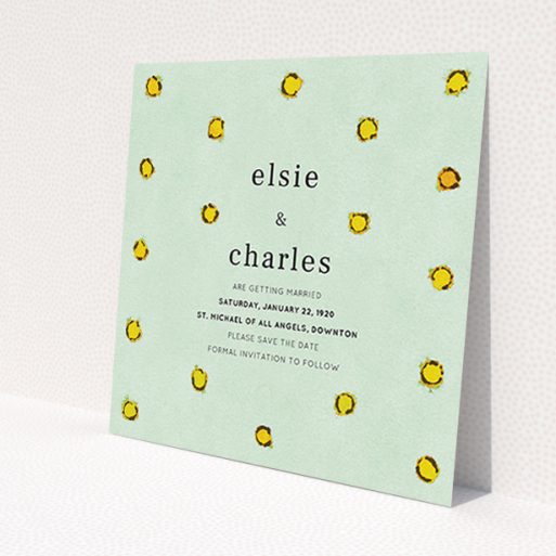 A wedding save the date card design titled 'Turquoise polkadots'. It is a square (148mm x 148mm) card in a square orientation. 'Turquoise polkadots' is available as a flat card, with tones of green and yellow.