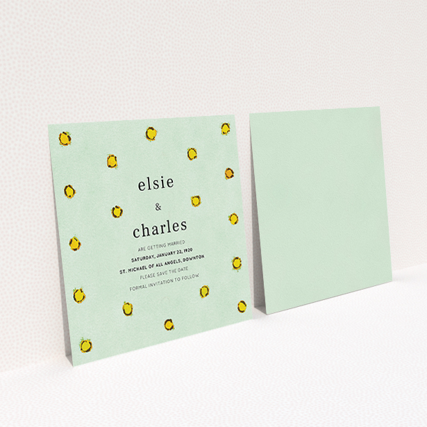 A wedding save the date card design titled "Turquoise polkadots". It is a square (148mm x 148mm) card in a square orientation. "Turquoise polkadots" is available as a flat card, with tones of green and yellow.