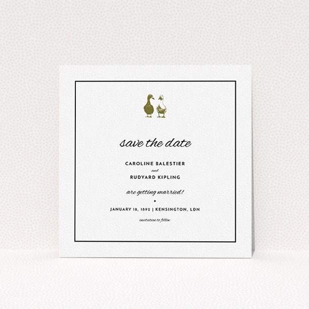 A wedding save the date card called "Two little ducks". It is a square (148mm x 148mm) card in a square orientation. "Two little ducks" is available as a flat card, with tones of white and Dark gold.
