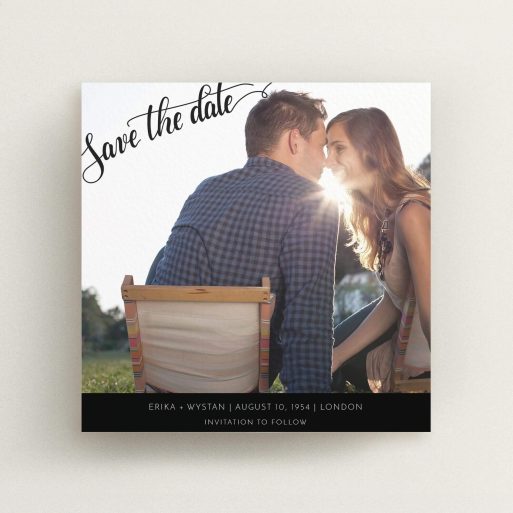 A wedding save the date card called "Typography Corner". It is a square (148mm x 148mm) card in a square orientation. It is a photographic wedding save the date card with room for 1 photo. "Typography Corner" is available as a flat card, with tones of black and white.