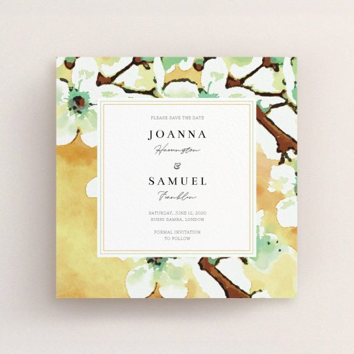 A wedding save the date card design called "Vintage Blossom". It is a square (148mm x 148mm) card in a square orientation. "Vintage Blossom" is available as a flat card, with tones of deep orange, mint green and white.