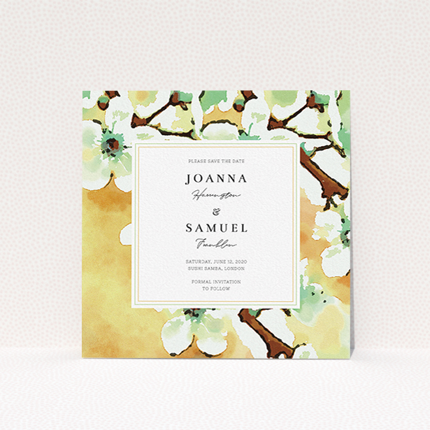 A wedding save the date card design called "Vintage Blossom". It is a square (148mm x 148mm) card in a square orientation. "Vintage Blossom" is available as a flat card, with tones of deep orange, mint green and white.