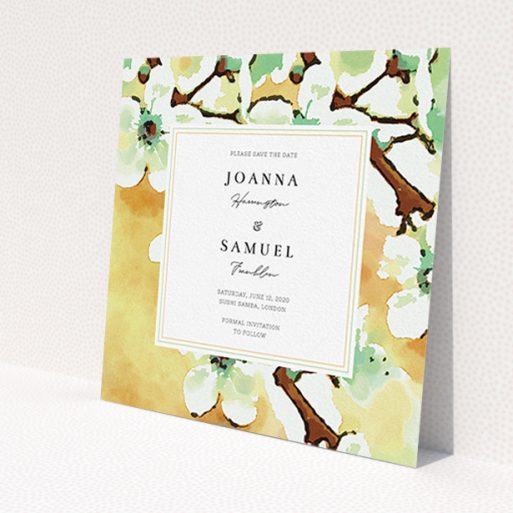A wedding save the date card design called 'Vintage Blossom'. It is a square (148mm x 148mm) card in a square orientation. 'Vintage Blossom' is available as a flat card, with tones of deep orange, mint green and white.