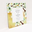 A wedding save the date card design called "Vintage Blossom". It is a square (148mm x 148mm) card in a square orientation. "Vintage Blossom" is available as a flat card, with tones of deep orange, mint green and white.