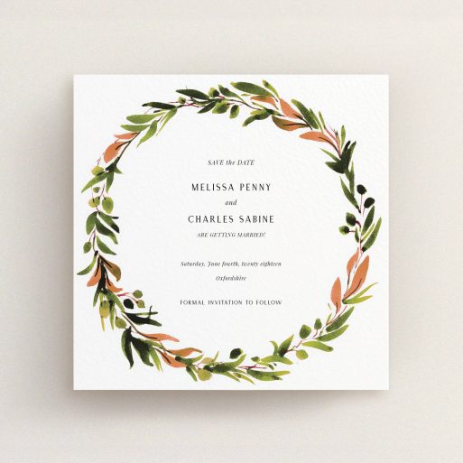 A wedding save the date card called "Watercolour Olive Wreath". It is a square (148mm x 148mm) card in a square orientation. "Watercolour Olive Wreath" is available as a flat card, with tones of green, dark green and terracotta.