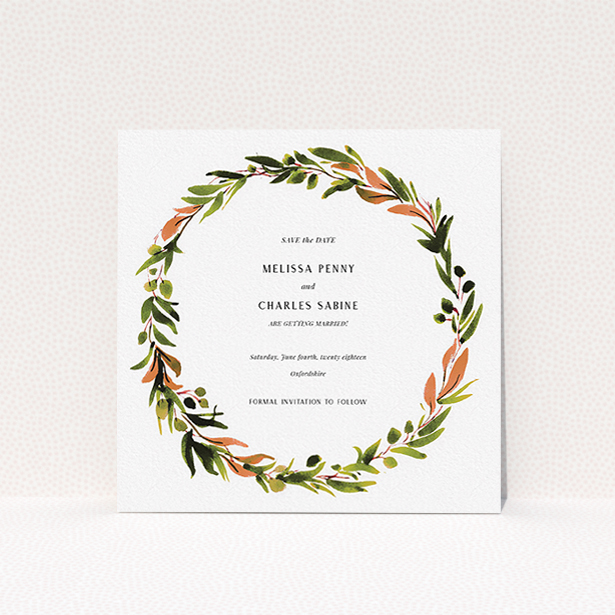 A wedding save the date card called "Watercolour Olive Wreath". It is a square (148mm x 148mm) card in a square orientation. "Watercolour Olive Wreath" is available as a flat card, with tones of green, dark green and terracotta.