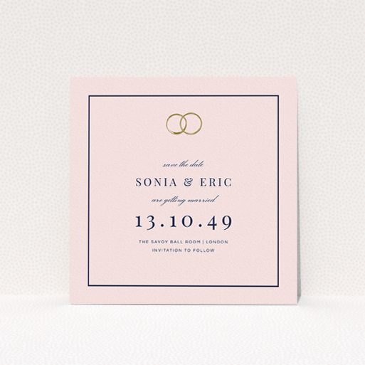 A wedding save the date card design named "Wedding bands". It is a square (148mm x 148mm) card in a square orientation. "Wedding bands" is available as a flat card, with mainly pink colouring.