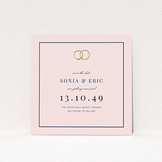 A wedding save the date card design named "Wedding bands". It is a square (148mm x 148mm) card in a square orientation. "Wedding bands" is available as a flat card, with mainly pink colouring.