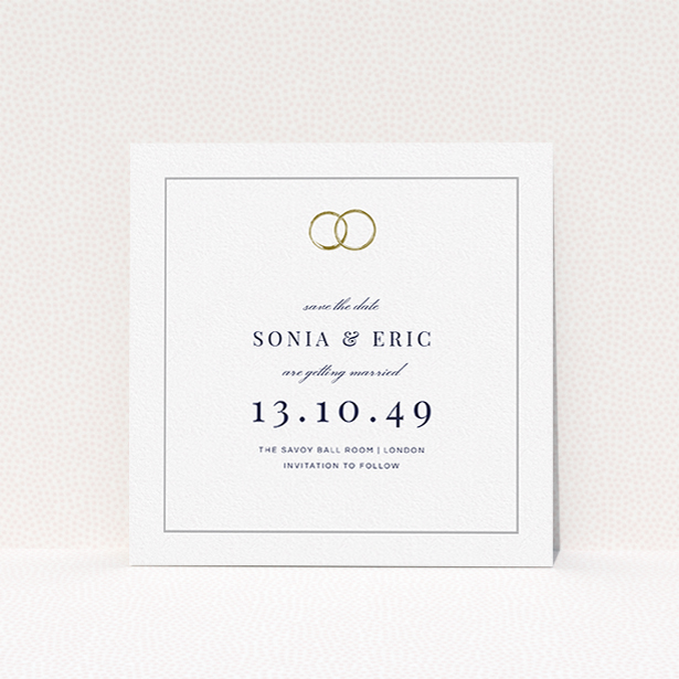A wedding save the date card design titled "Wedding bands". It is a square (148mm x 148mm) card in a square orientation. "Wedding bands" is available as a flat card, with tones of white and gold.