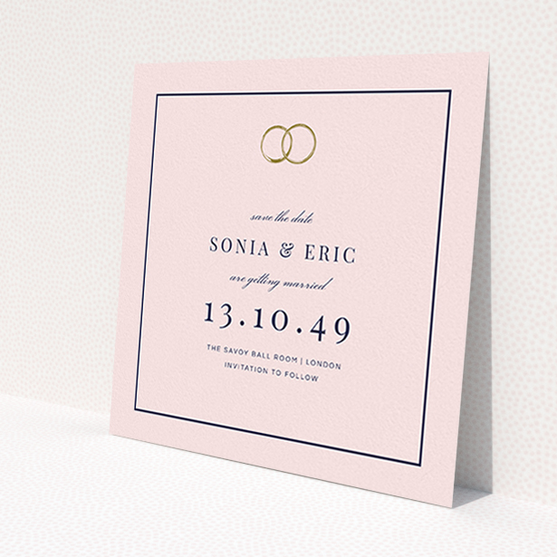 A wedding save the date card design named "Wedding bands". It is a square (148mm x 148mm) card in a square orientation. "Wedding bands" is available as a flat card, with mainly pink colouring.