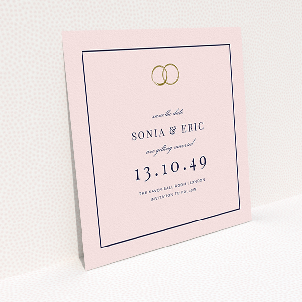 A wedding save the date card design named "Wedding bands". It is a square (148mm x 148mm) card in a square orientation. "Wedding bands" is available as a flat card, with mainly pink colouring.