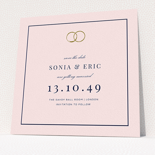 A wedding save the date card design named "Wedding bands". It is a square (148mm x 148mm) card in a square orientation. "Wedding bands" is available as a flat card, with mainly pink colouring.