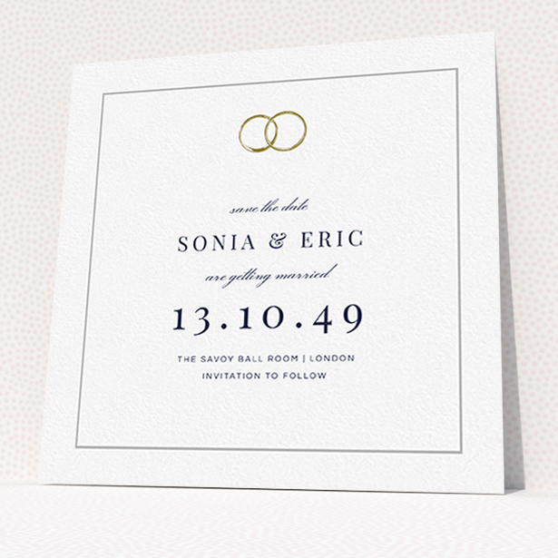 A wedding save the date card design titled "Wedding bands". It is a square (148mm x 148mm) card in a square orientation. "Wedding bands" is available as a flat card, with tones of white and gold.
