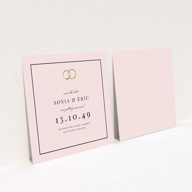 A wedding save the date card design named "Wedding bands". It is a square (148mm x 148mm) card in a square orientation. "Wedding bands" is available as a flat card, with mainly pink colouring.