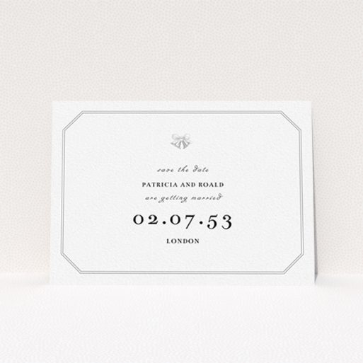 A wedding save the date card named "Wedding bells". It is an A6 card in a landscape orientation. "Wedding bells" is available as a flat card, with tones of grey and white.