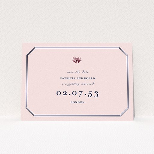 A wedding save the date card called "Wedding bells". It is an A6 card in a landscape orientation. "Wedding bells" is available as a flat card, with mainly pink colouring.