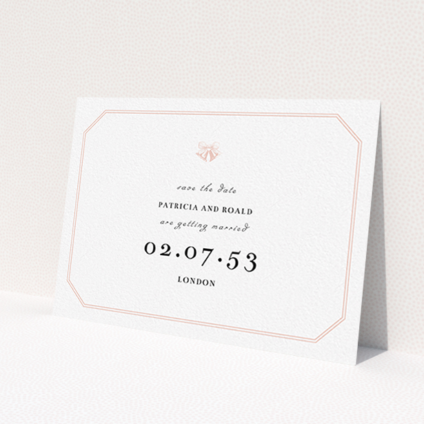 A wedding save the date card design named "Wedding bells". It is an A6 card in a landscape orientation. "Wedding bells" is available as a flat card, with tones of pink and white.