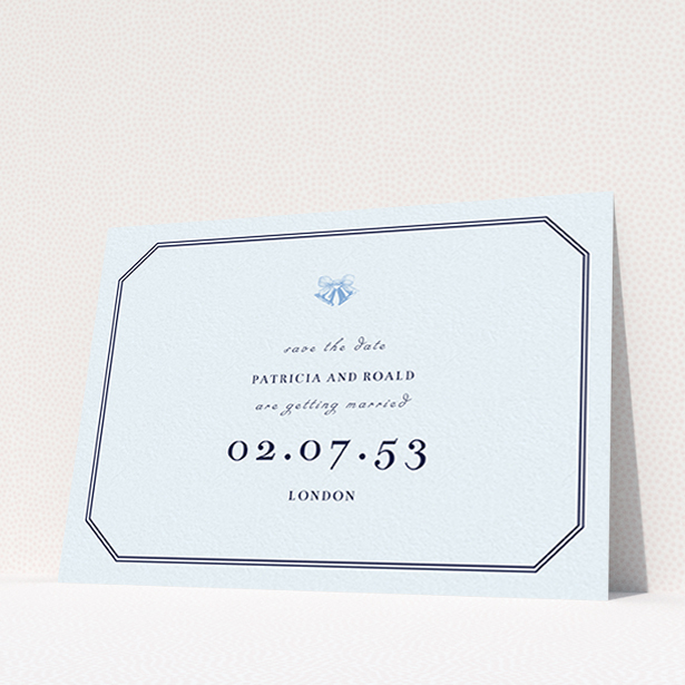 A wedding save the date card template titled "Wedding bells". It is an A6 card in a landscape orientation. "Wedding bells" is available as a flat card, with mainly blue colouring.