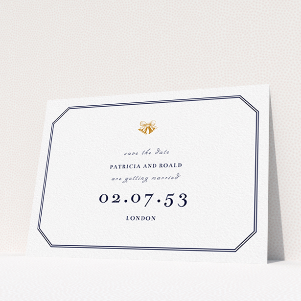 A wedding save the date card called "Wedding bells". It is an A6 card in a landscape orientation. "Wedding bells" is available as a flat card, with tones of navy blue and white.