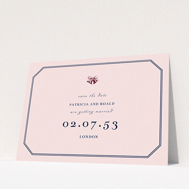 A wedding save the date card called "Wedding bells". It is an A6 card in a landscape orientation. "Wedding bells" is available as a flat card, with mainly pink colouring.