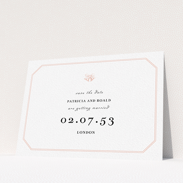 A wedding save the date card design named "Wedding bells". It is an A6 card in a landscape orientation. "Wedding bells" is available as a flat card, with tones of pink and white.