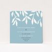 A wedding save the date card named "Winter bloom". It is a square (148mm x 148mm) card in a square orientation. "Winter bloom" is available as a flat card, with tones of blue and white.