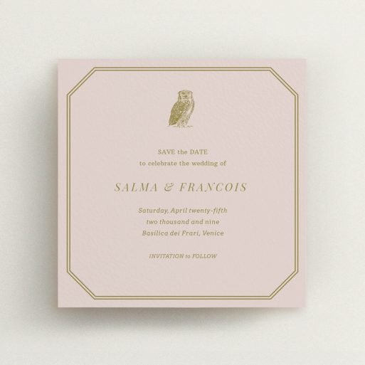 A wedding save the date card template titled "Wise old owl". It is a square (148mm x 148mm) card in a square orientation. "Wise old owl" is available as a flat card, with mainly dark cream colouring.