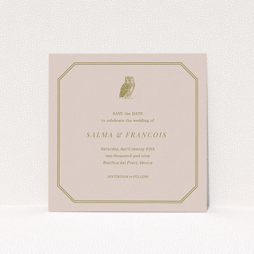 A wedding save the date card template titled "Wise old owl". It is a square (148mm x 148mm) card in a square orientation. "Wise old owl" is available as a flat card, with mainly dark cream colouring.