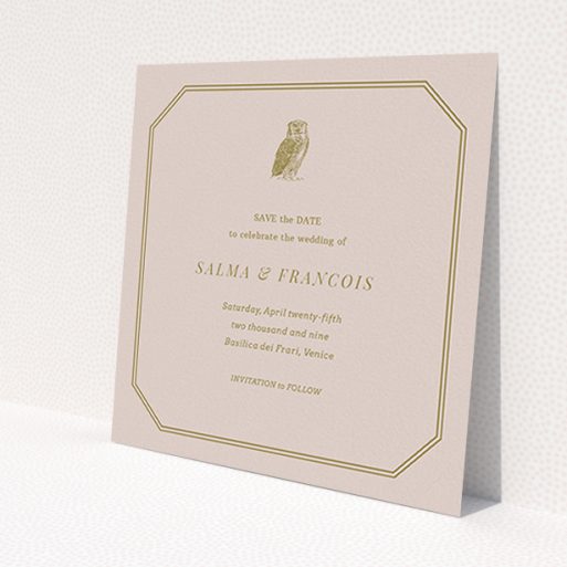 A wedding save the date card template titled 'Wise old owl'. It is a square (148mm x 148mm) card in a square orientation. 'Wise old owl' is available as a flat card, with mainly dark cream colouring.