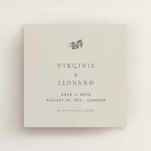 A wedding save the date card called "Woodland dusk". It is a square (148mm x 148mm) card in a square orientation. "Woodland dusk" is available as a flat card, with mainly dark cream colouring.