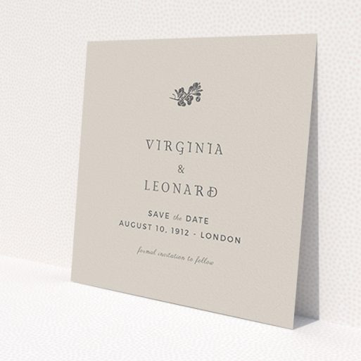 A wedding save the date card called 'Woodland dusk'. It is a square (148mm x 148mm) card in a square orientation. 'Woodland dusk' is available as a flat card, with mainly dark cream colouring.