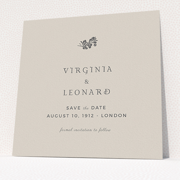 A wedding save the date card called "Woodland dusk". It is a square (148mm x 148mm) card in a square orientation. "Woodland dusk" is available as a flat card, with mainly dark cream colouring.