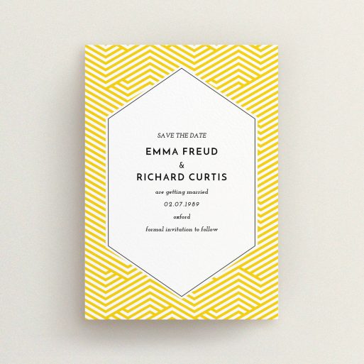 A wedding save the date card template titled "Yellow lines". It is an A6 card in a portrait orientation. "Yellow lines" is available as a flat card, with tones of yellow and white.