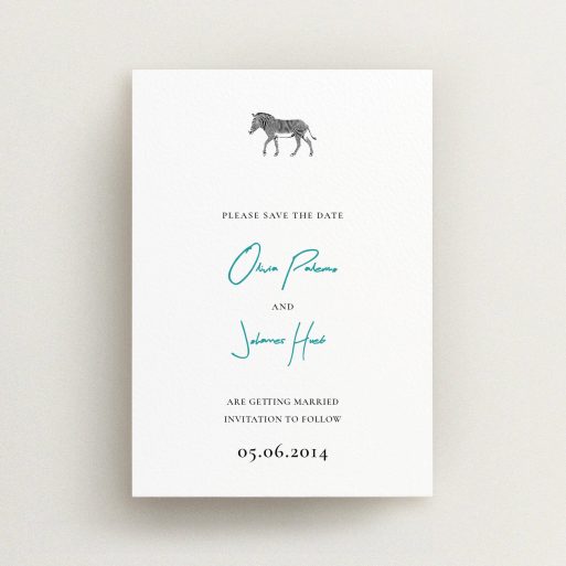 A wedding save the date card template titled "Zebra crossing". It is an A6 card in a portrait orientation. "Zebra crossing" is available as a flat card, with tones of white and blue.